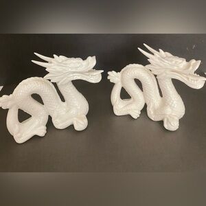 Two ASABI Japan Porcelain Milk Glass Dragon w/ Claw on Ball Sculpture Figurines